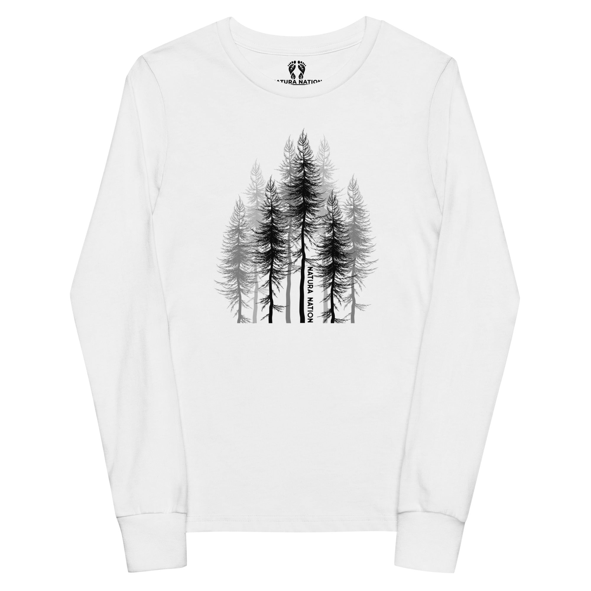 Kids White forest long sleeve tee with a tall pine design made by Nation Nation.
