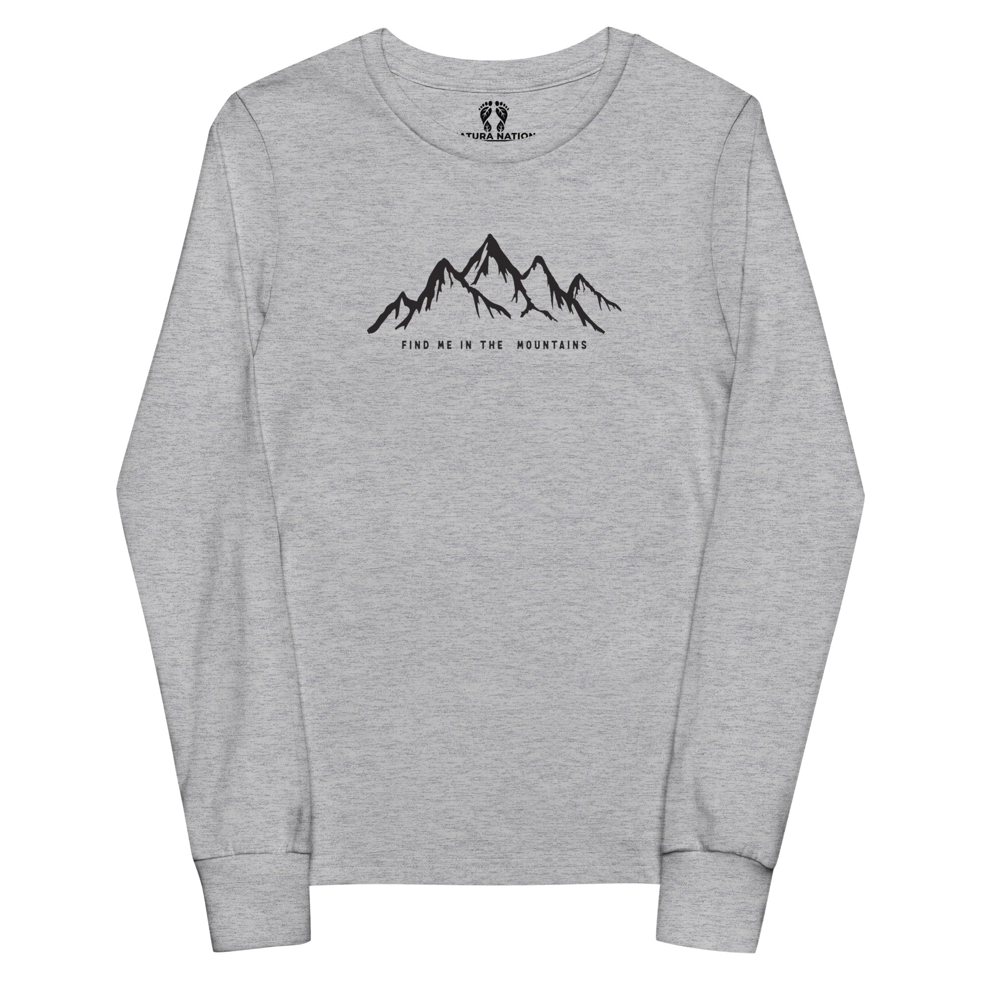 An athletic heather long-sleeve T-shirt with a black mountain graphic and the text 'FIND ME IN THE MOUNTAINS' printed on the chest, displayed on a solid white background.