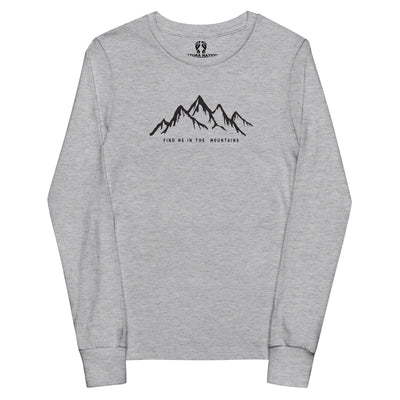 An athletic heather long-sleeve T-shirt with a black mountain graphic and the text 'FIND ME IN THE MOUNTAINS' printed on the chest, displayed on a solid white background.