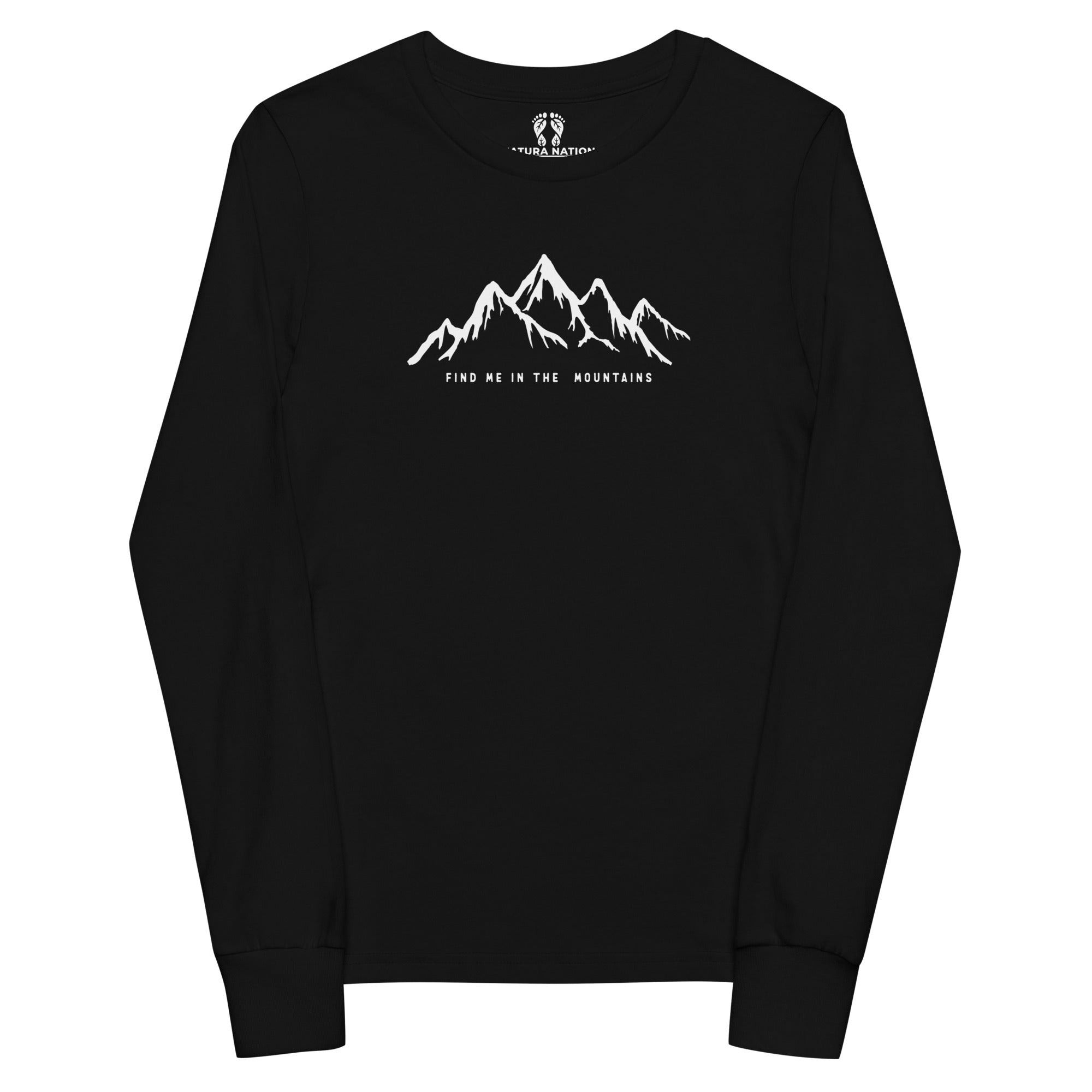 Youth mountain long-sleeve tee with mountains on the front by Natura Nation.
