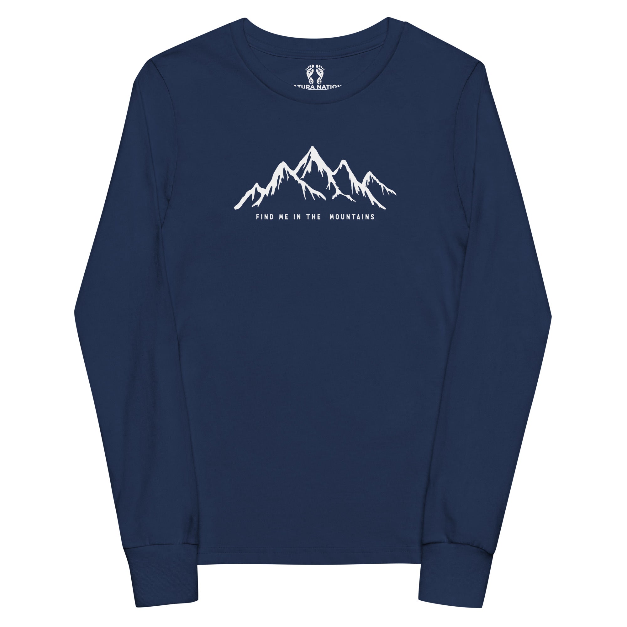 A navy blue long-sleeve crewneck T-shirt with a white graphic of a mountain range and the text 'FIND ME IN THE MOUNTAINS' printed on the chest, displayed on a solid white background.