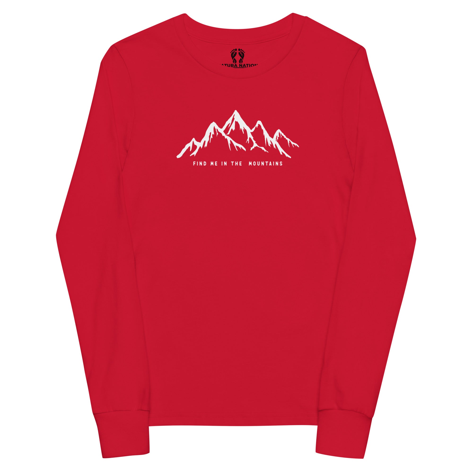 A red long-sleeve crewneck tee with a white line-art mountain graphic and the text 'FIND ME IN THE MOUNTAINS' printed on the chest, shown against a plain white background.