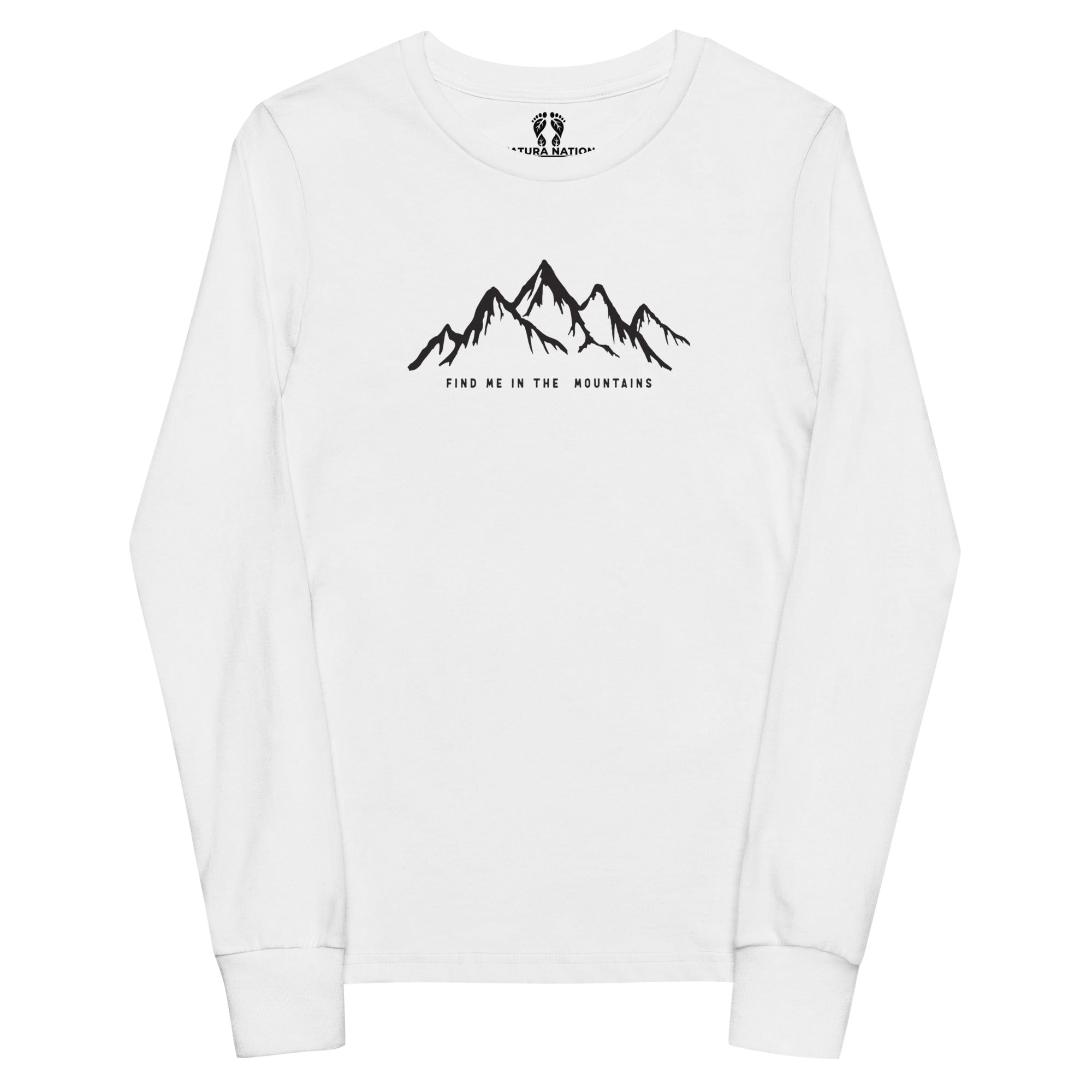 A white long-sleeve crewneck t-shirt with a black mountain graphic and the text 'FIND ME IN THE MOUNTAINS' printed on the chest, displayed on a clean white background.