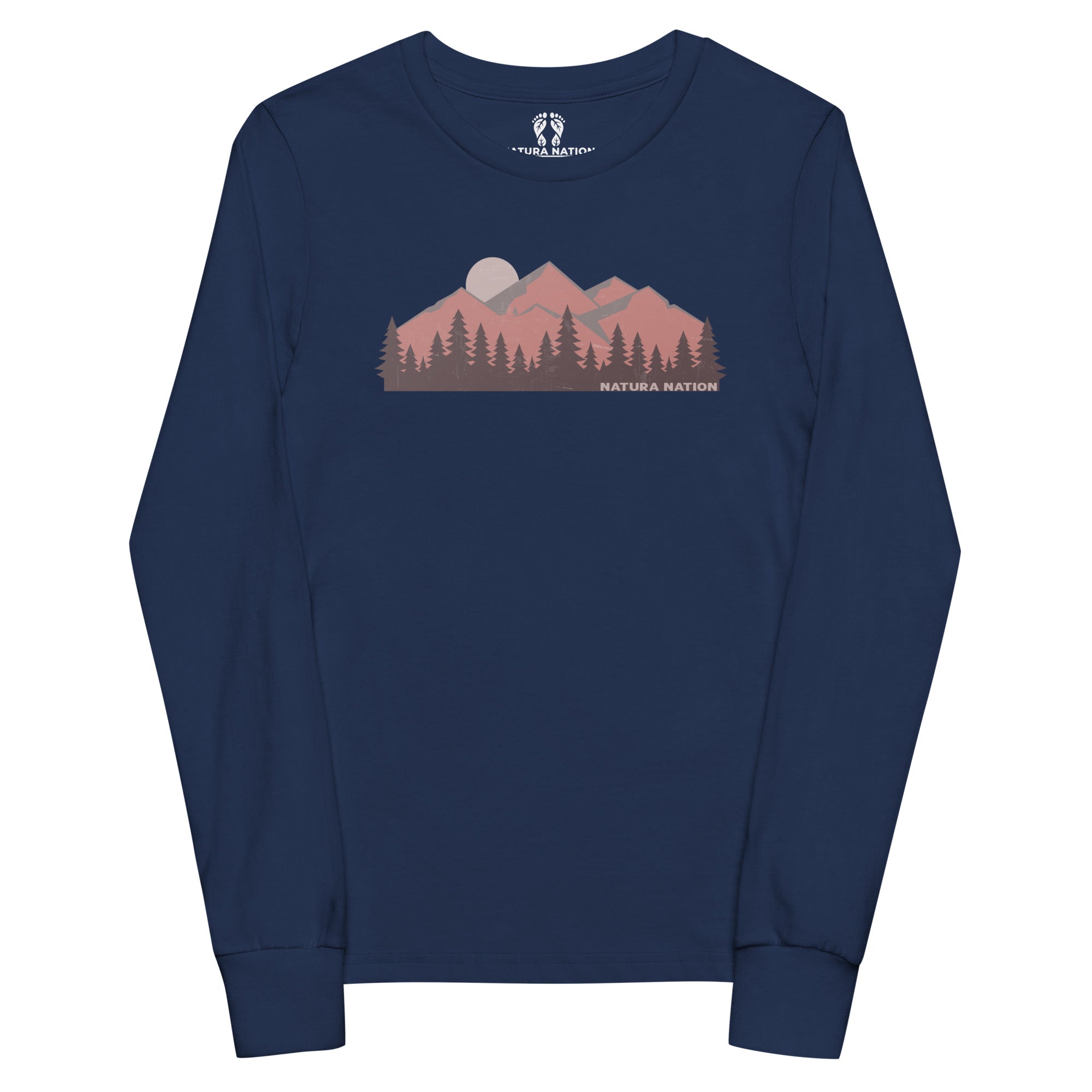 A navy blue long-sleeve crewneck shirt featuring a central graphic of a mountain range, pine trees, and a moon, with the text 'NATURA NATION' printed below the graphic. Kids' mountain long-sleeve T-shirt with a summit silhouette design for youth.