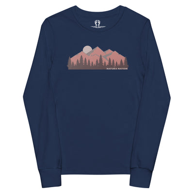 A navy blue long-sleeve crewneck shirt featuring a central graphic of a mountain range, pine trees, and a moon, with the text 'NATURA NATION' printed below the graphic. Kids' mountain long-sleeve T-shirt with a summit silhouette design for youth.