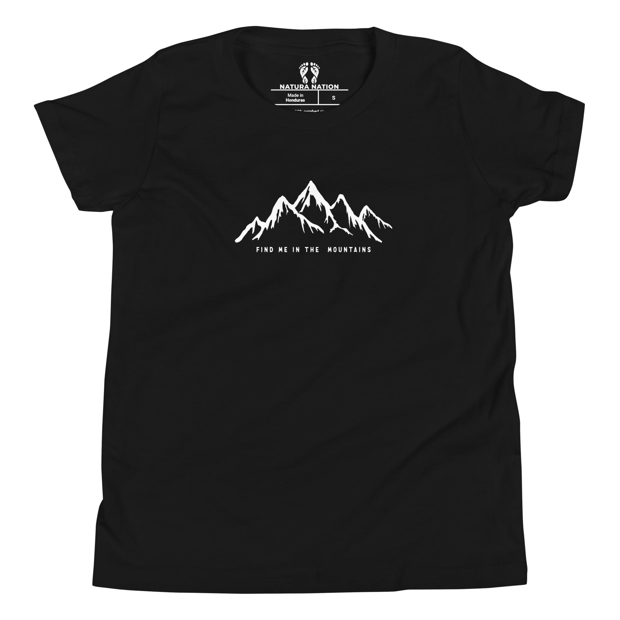 Youth mountain t-shirt with Find Me In The Mountains print, front view.