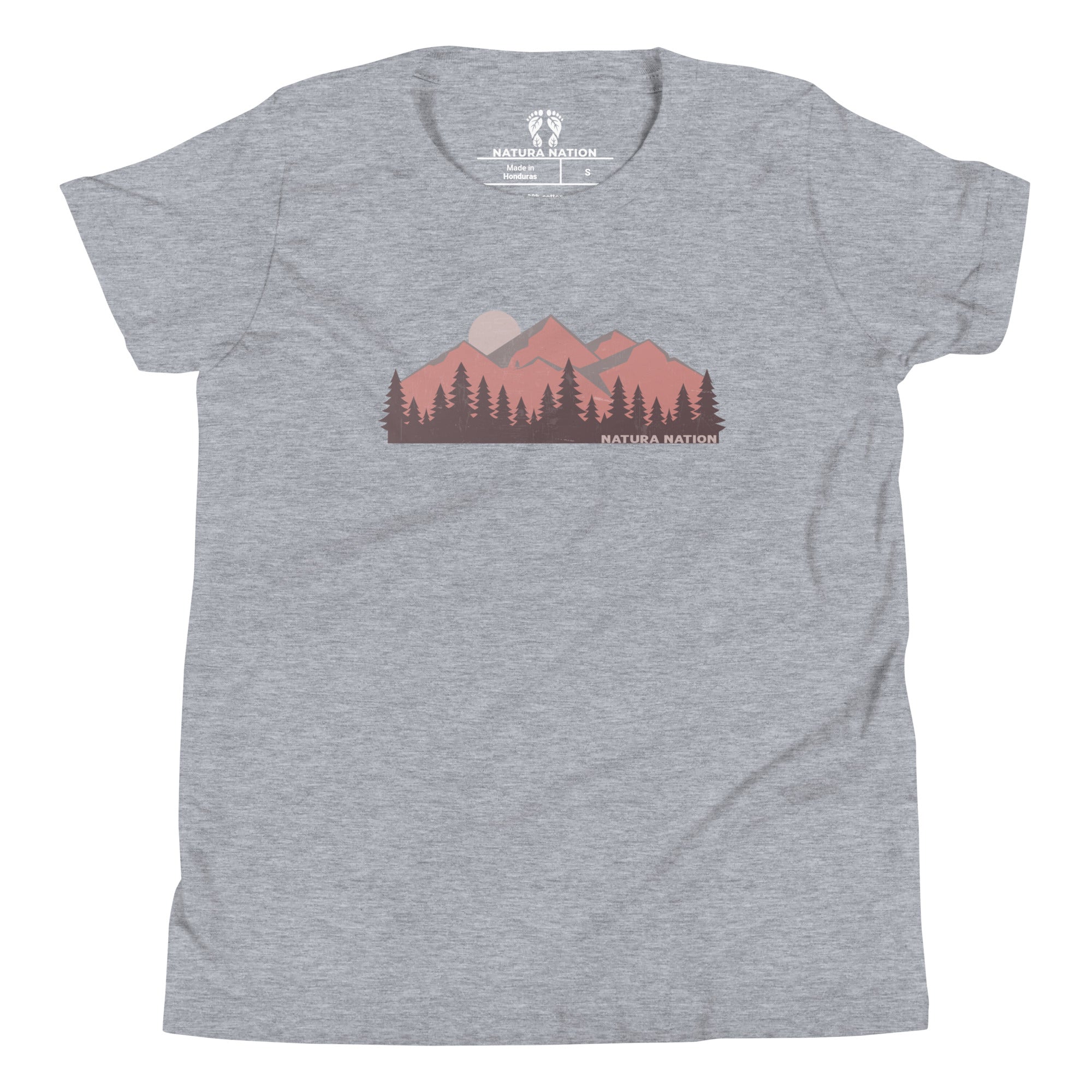 Youth mountain t-shirt for outdoor lovers. A Athletic heather gray short-sleeve t-shirt featuring a graphic print of a mountain range and pine trees in muted red, brown, and beige tones, with 'NATURA NATION' printed below the graphic.