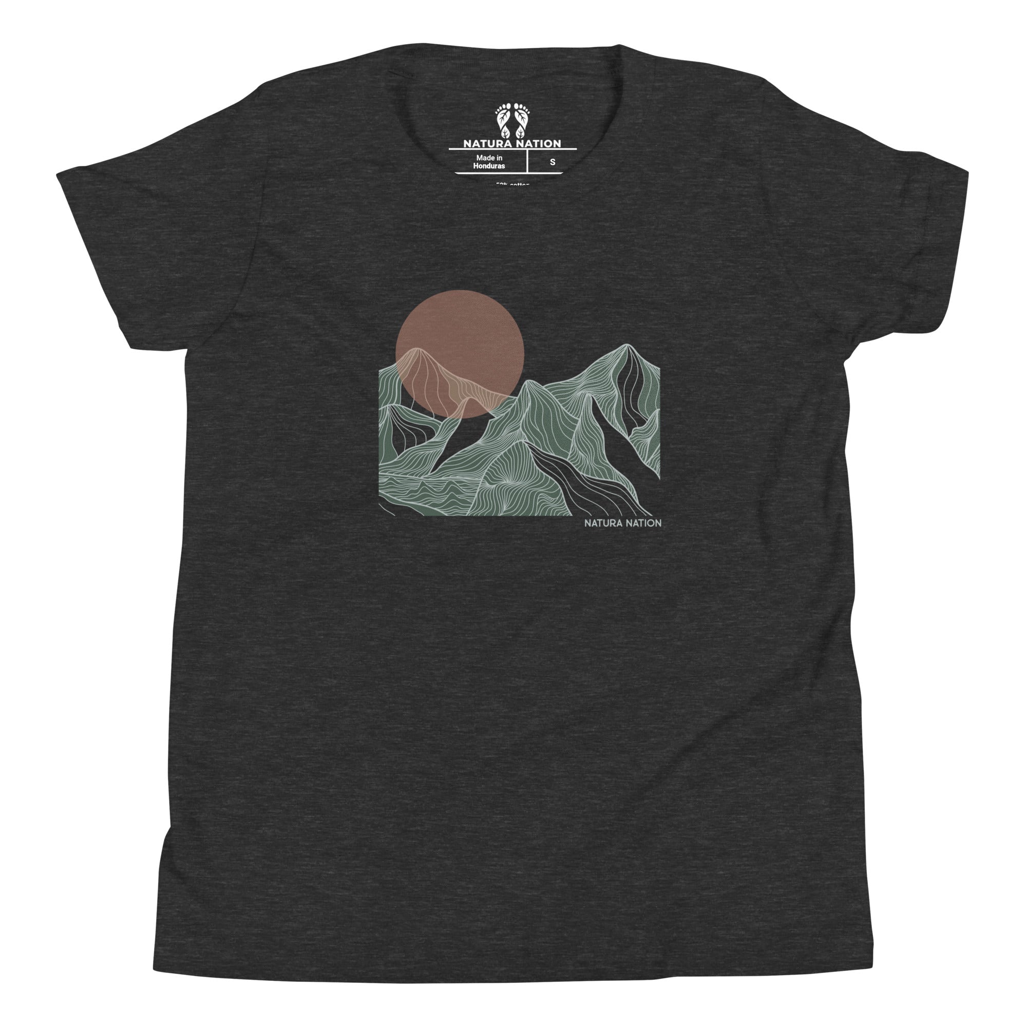 Youth mountain t-shirt with sunset peaks on the front. A dark heather gray short-sleeve t-shirt with a graphic of stylized mountains and a sun in muted green, brown, and gray tones. The inner neck label shows the brand 'Natura Nation'.