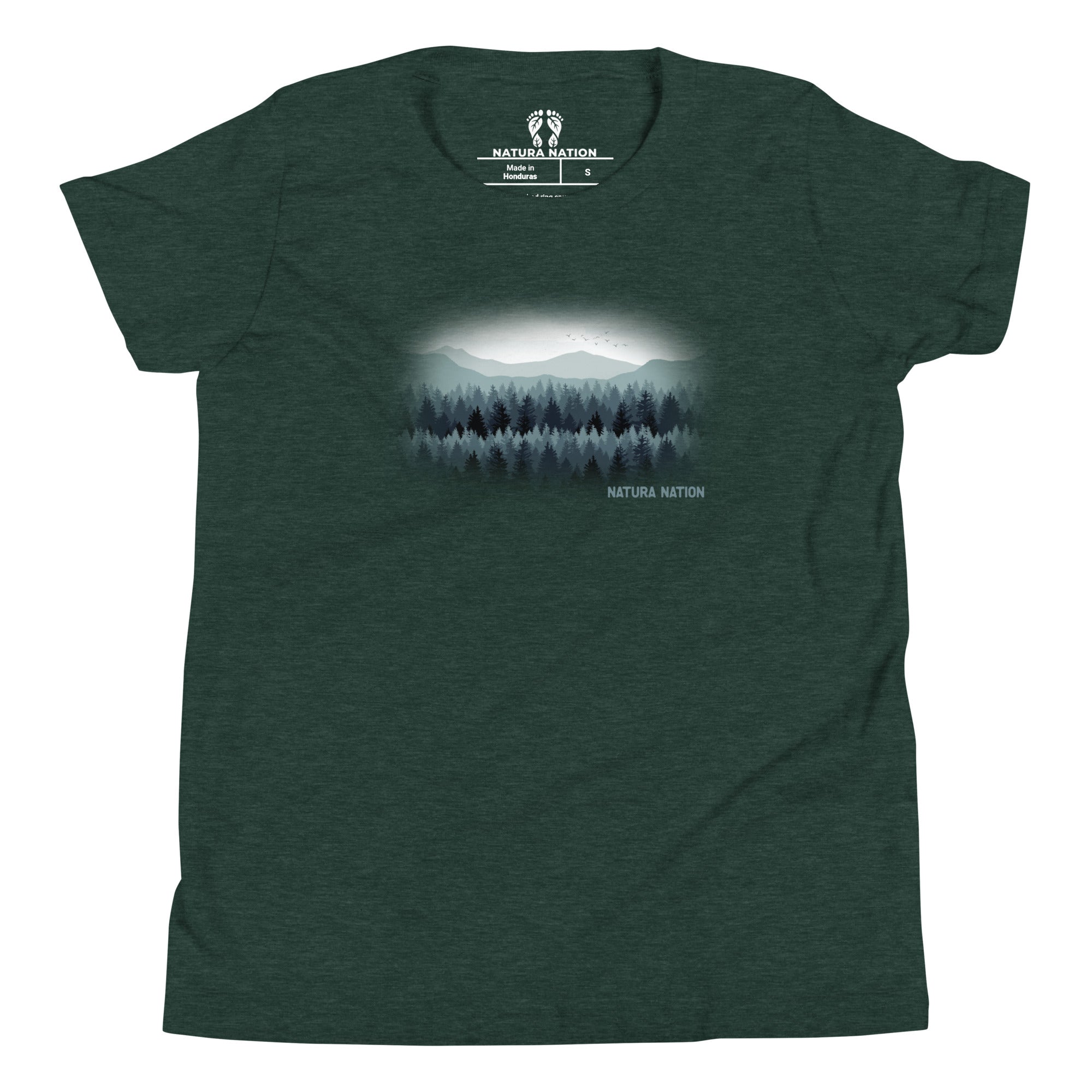 Youth nature t-shirt with pine trees and mountain peaks on the front.