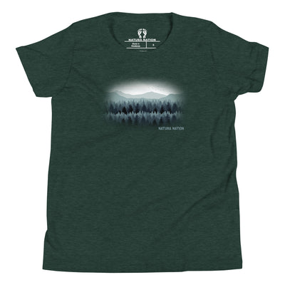 Youth nature t-shirt with pine trees and mountain peaks on the front.