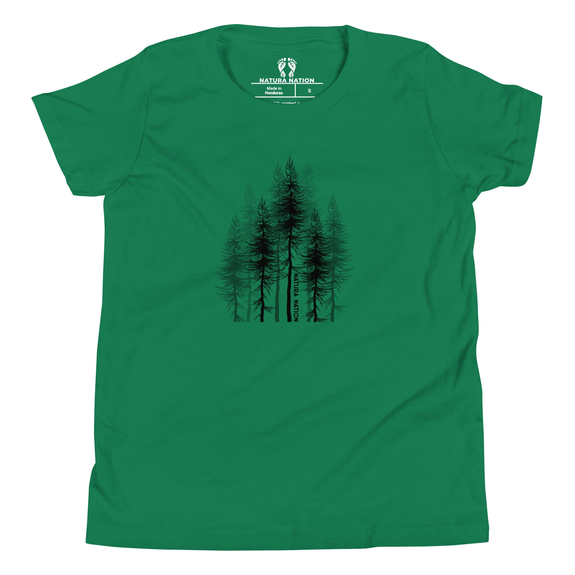 A kelly green short-sleeve teen t-shirt with a black silhouette graphic of pine trees on the chest, displayed flat against a white background, made by Natura Nation.