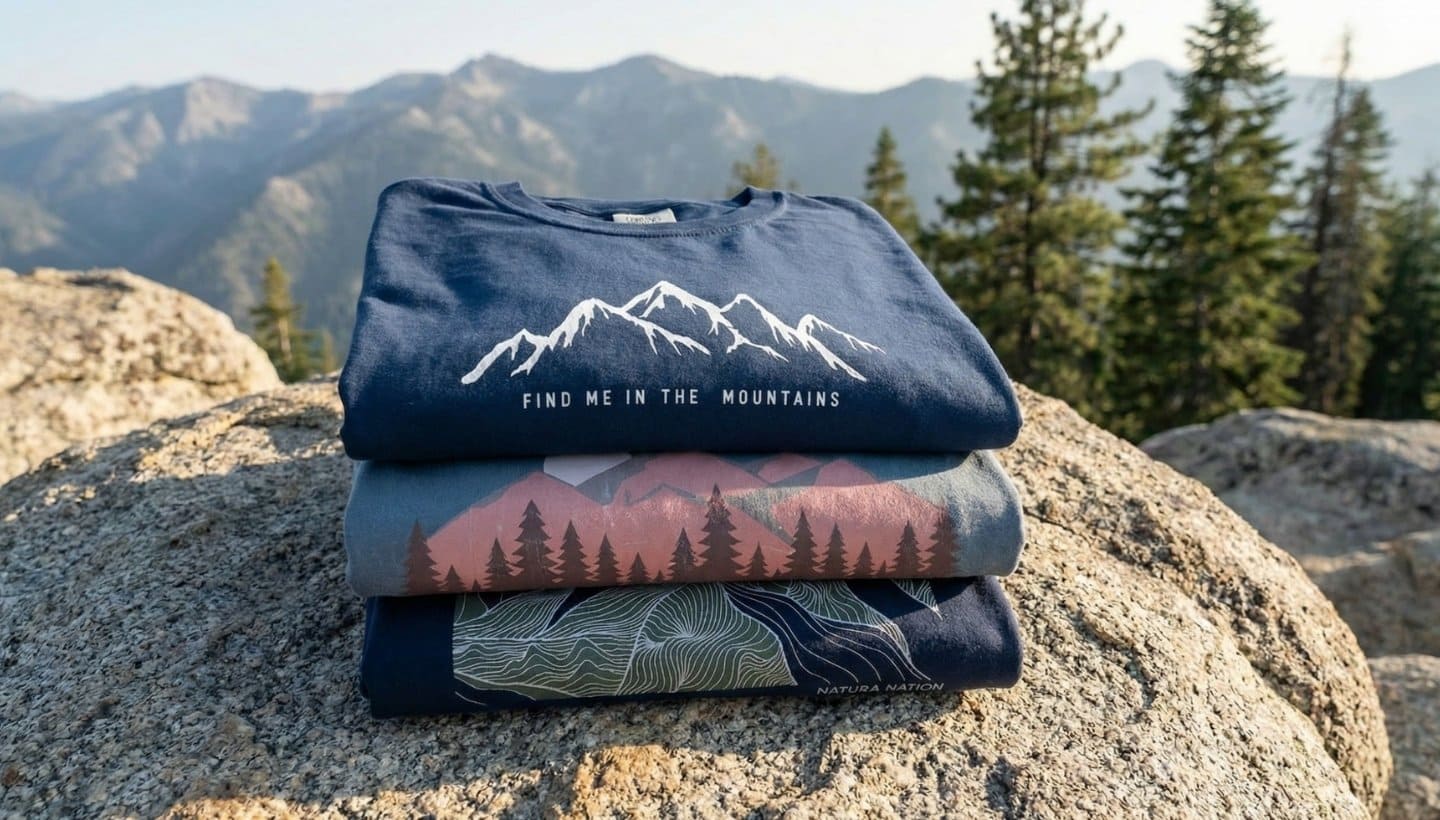 Youth T-shirts - Three folded Natura Nation graphic t-shirts stacked on a large rock outdoors, with mountains and evergreen trees in the background. The top shirt is navy blue with a white mountain graphic and the text 'FIND ME IN THE MOUNTAINS. Made for youth and kids.