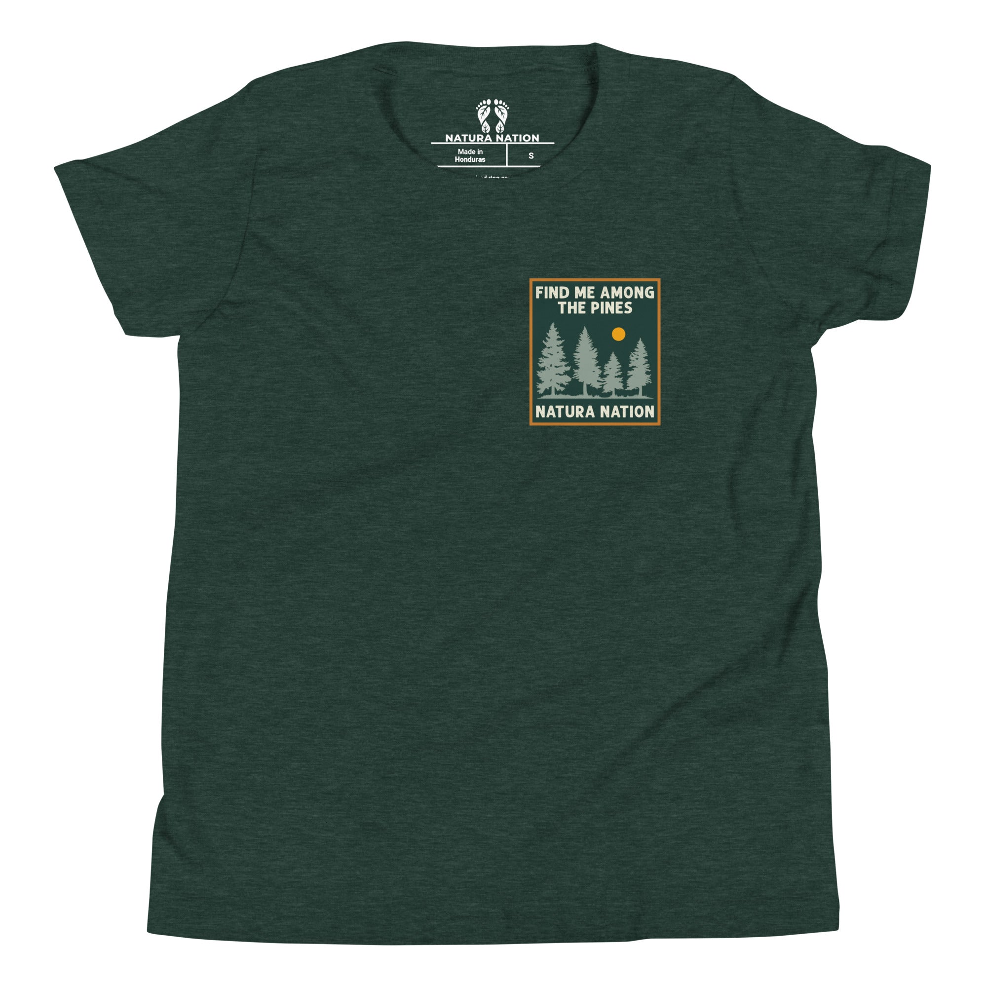 Teen forest tee with a hand-drawn pine design.